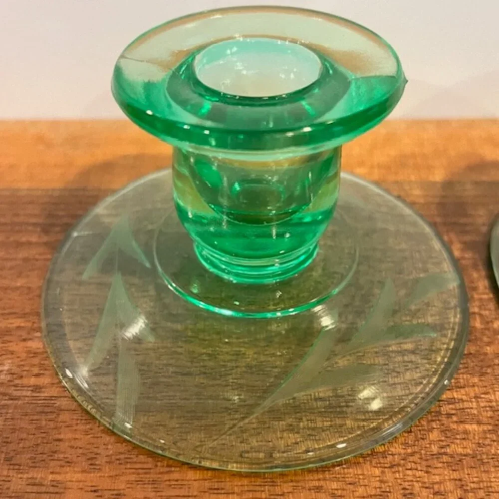 Pair Vintage Green Depression Uranium Glass Candle Stick Holder Etched Leaf Base